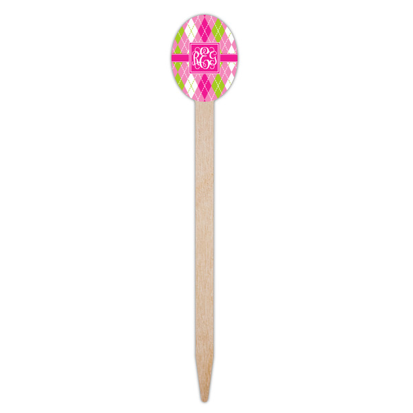 Pink & Green Argyle Wooden Food Pick - Oval - Single Pick