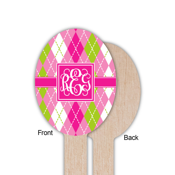 Pink & Green Argyle Wooden Food Pick - Oval - Single Sided - Front & Back