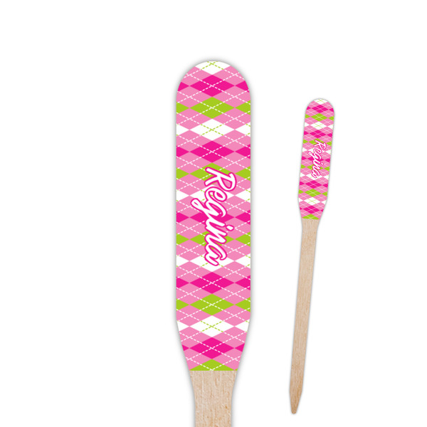 Custom Pink & Green Argyle Paddle Wooden Food Picks - Double Sided (Personalized)