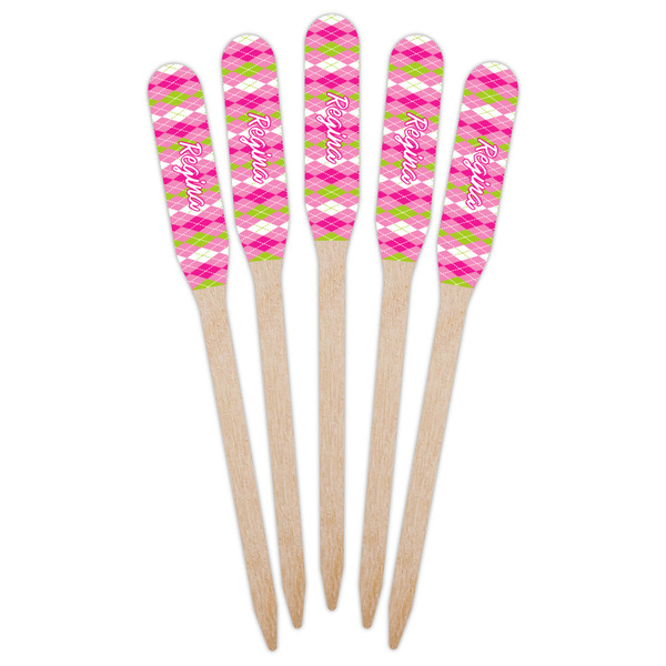 Pink & Green Argyle Wooden Food Pick - Paddle - Fan View
