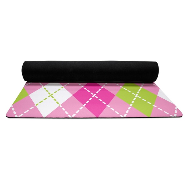 Pink & Green Argyle Yoga Mat Rolled up Black Rubber Backing