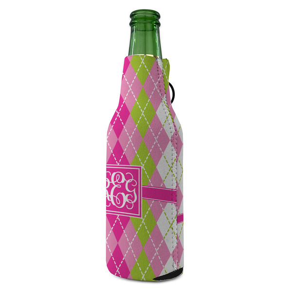 Pink & Green Argyle Zipper Bottle Cooler - ANGLE (bottle)