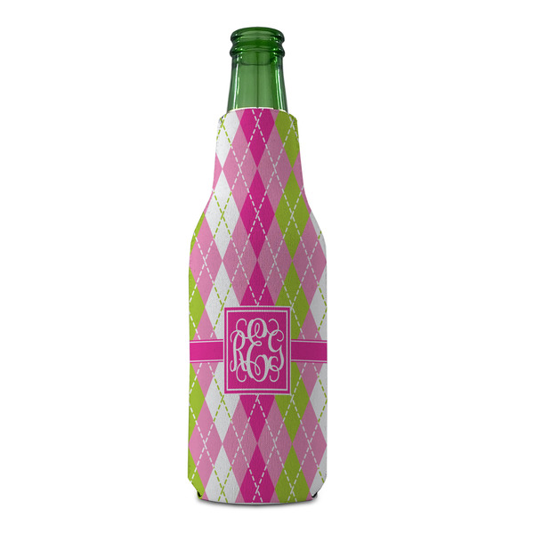 Pink & Green Argyle Zipper Bottle Cooler - FRONT (bottle)
