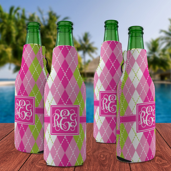 Pink & Green Argyle Zipper Bottle Cooler - Set of 4 - LIFESTYLE