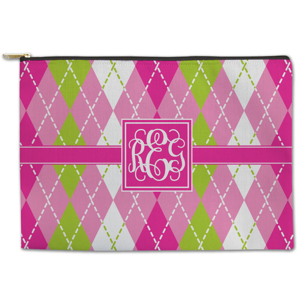 Custom Pink & Green Argyle Zipper Pouch - Large - 12.5"x8.5" (Personalized)