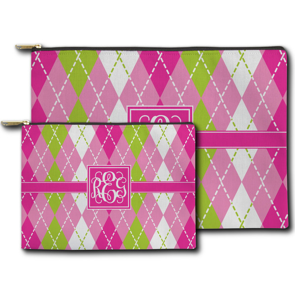 Pink & Green Argyle Zippered Pouches - Size Comparison