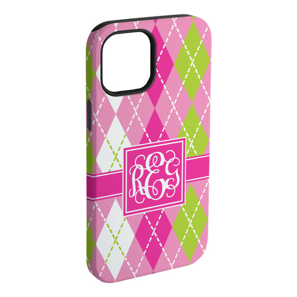 Custom Pink & Green Argyle iPhone Case - Rubber Lined - iPhone 15 Plus (Personalized)