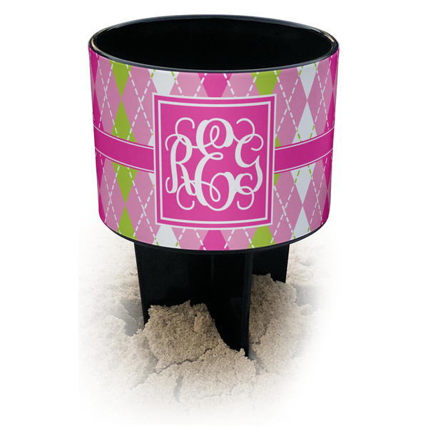 Custom Pink & Green Argyle Black Beach Spiker Drink Holder (Personalized)