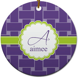 Waffle Weave Round Ceramic Ornament w/ Name and Initial
