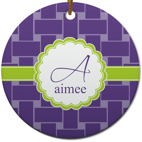 Custom Waffle Weave Round Ceramic Ornament w/ Name and Initial