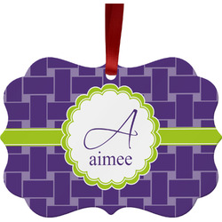Waffle Weave Metal Frame Ornament - Double Sided w/ Name and Initial