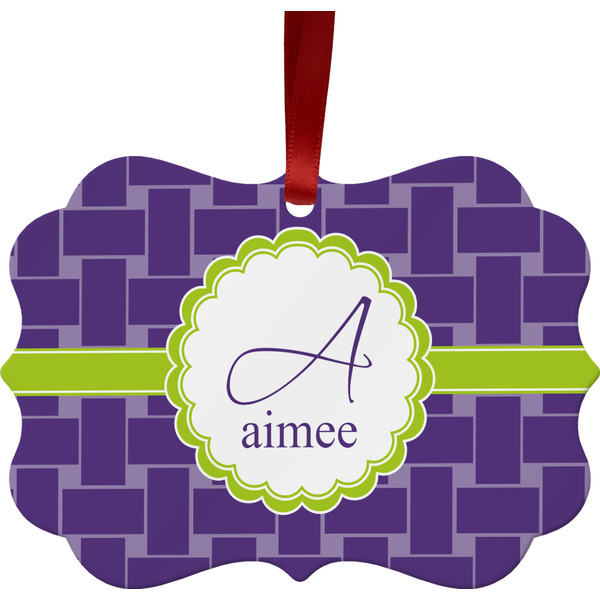 Custom Waffle Weave Metal Frame Ornament - Double Sided w/ Name and Initial
