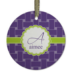 Waffle Weave Flat Glass Ornament - Round w/ Name and Initial