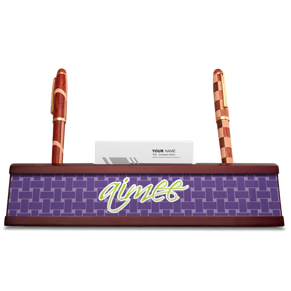 Waffle Weave Red Mahogany Nameplates with Business Card Holder - Straight