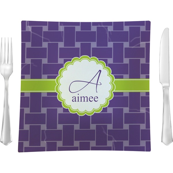 Custom Waffle Weave 9.5" Glass Square Lunch / Dinner Plate- Single or Set of 4 (Personalized)