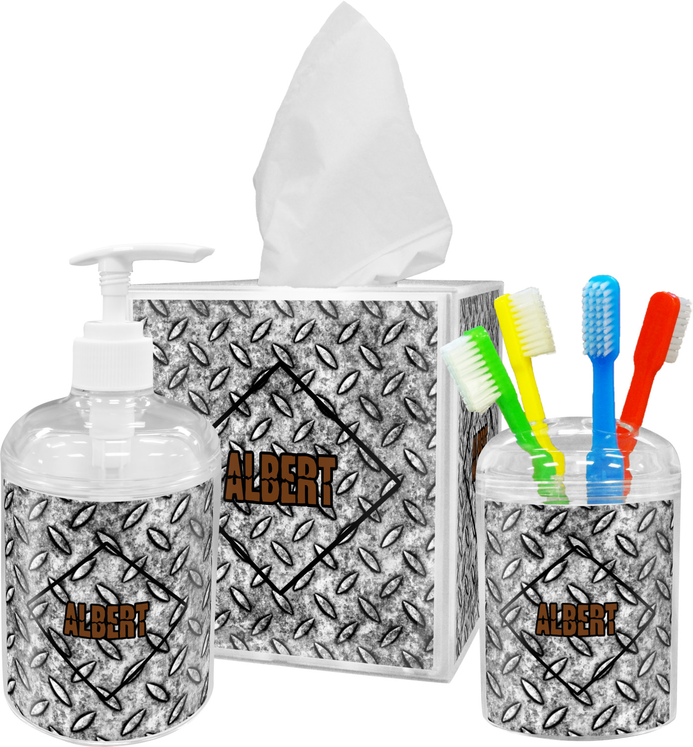 Diamond Plate Acrylic Bathroom Accessories Set w/ Name or Text