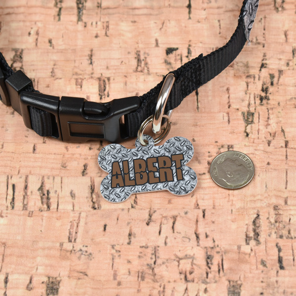 Diamond Plate Bone Shaped Dog ID Tag - Small - In Context