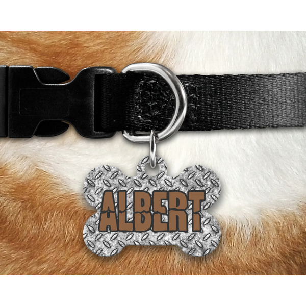 Diamond Plate Bone Shaped Dog Tag on Collar & Dog
