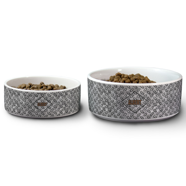Diamond Plate Ceramic Dog Bowls - Size Comparison