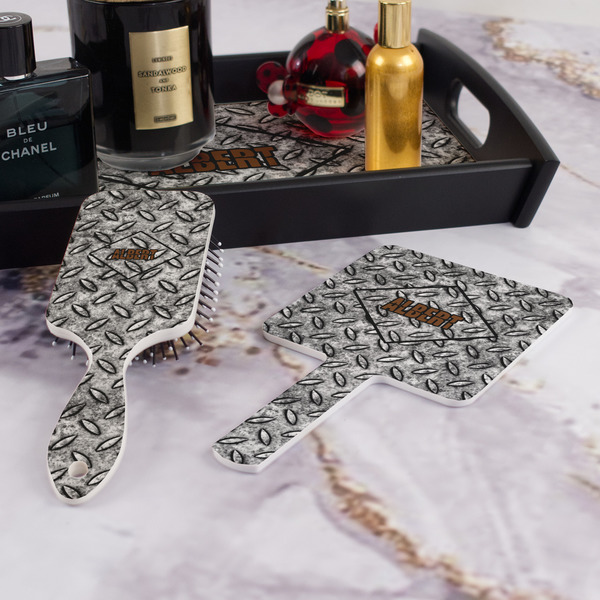 Diamond Plate Hair Brush and Hand Mirror - Bathroom Scene