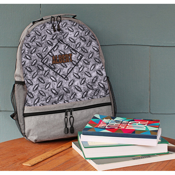 Diamond Plate Large Backpack - Gray - On Desk