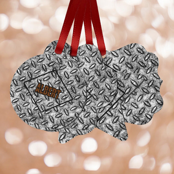 Custom Diamond Plate Metal Ornaments - Double Sided w/ Name or Text