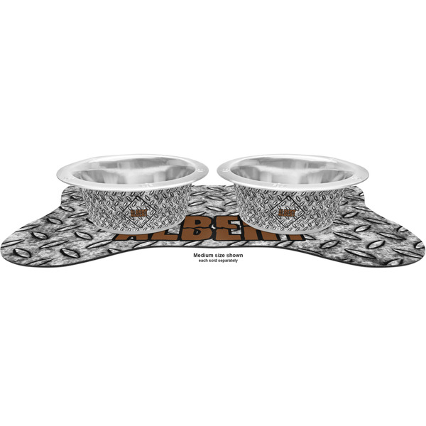 Diamond Plate Metal Pet Bowls - On Dog Bone Shaped Mat