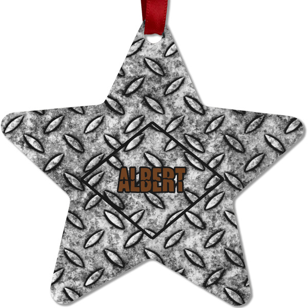 Custom Diamond Plate Metal Star Ornament - Double Sided w/ Name or Text