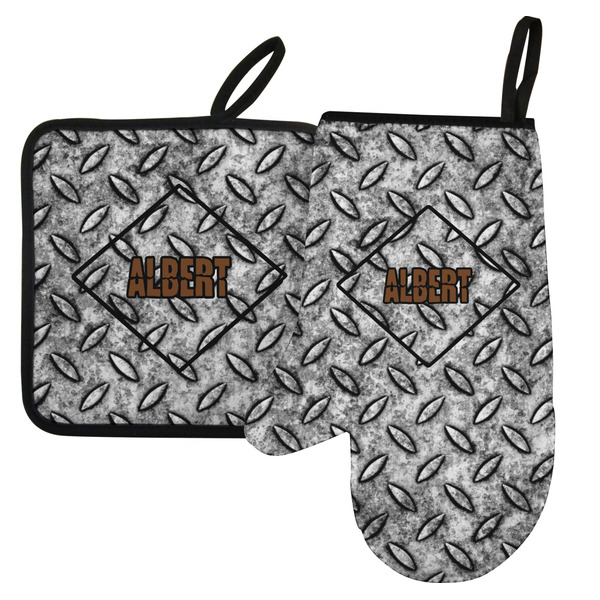 Custom Diamond Plate Left Oven Mitt & Pot Holder Set w/ Name or Text
