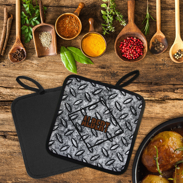 Diamond Plate Neoprene Pot Holder - Set of 2  LIFESTYLE (Flatlay)