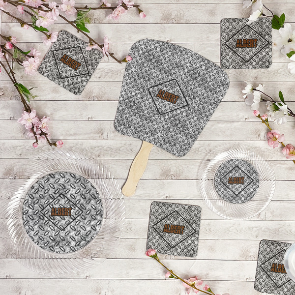 Diamond Plate Party Supplies Combination Image - All items - Plates, Coasters, Fans
