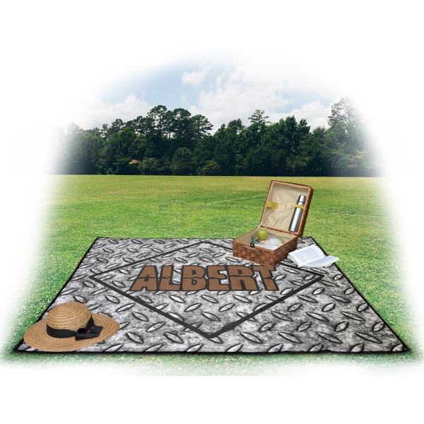 Diamond Plate Picnic Blanket - with Basket Hat and Book - in Use