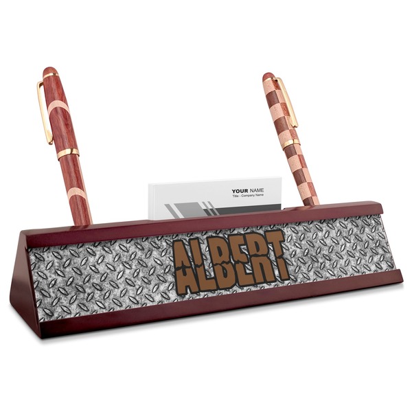 Custom Diamond Plate Red Mahogany Nameplate with Business Card Holder (Personalized)