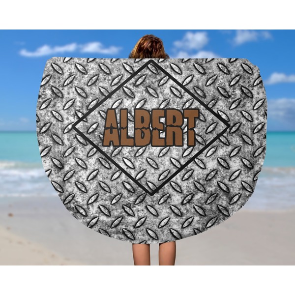 Diamond Plate Round Beach Towel - In Use