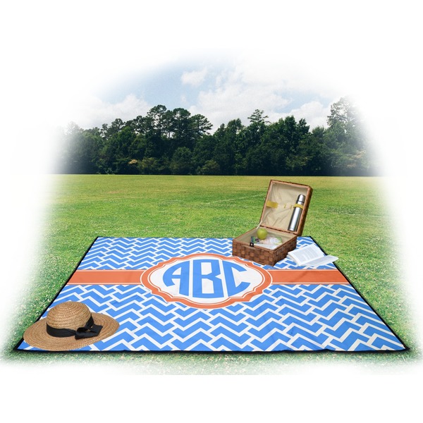 Zigzag Picnic Blanket - with Basket Hat and Book - in Use