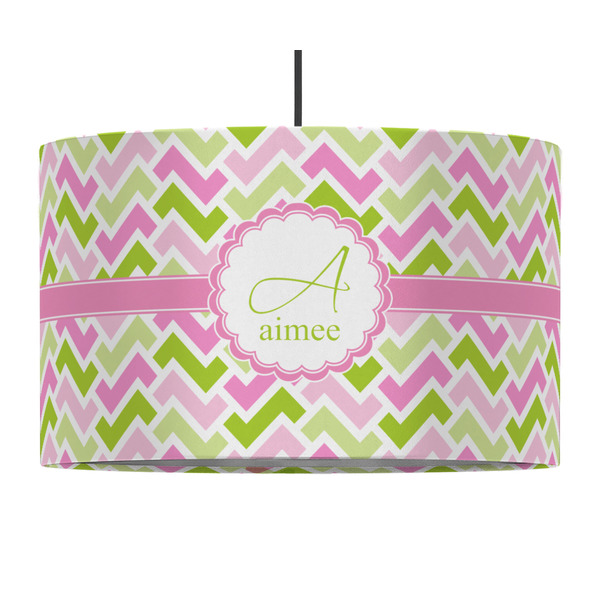Custom Pink & Green Geometric 12" Drum Pendant Lamp - Fabric (Personalized)