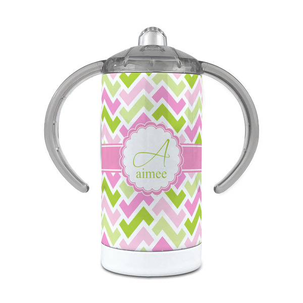 Custom Pink & Green Geometric 12 oz Stainless Steel Sippy Cup (Personalized)