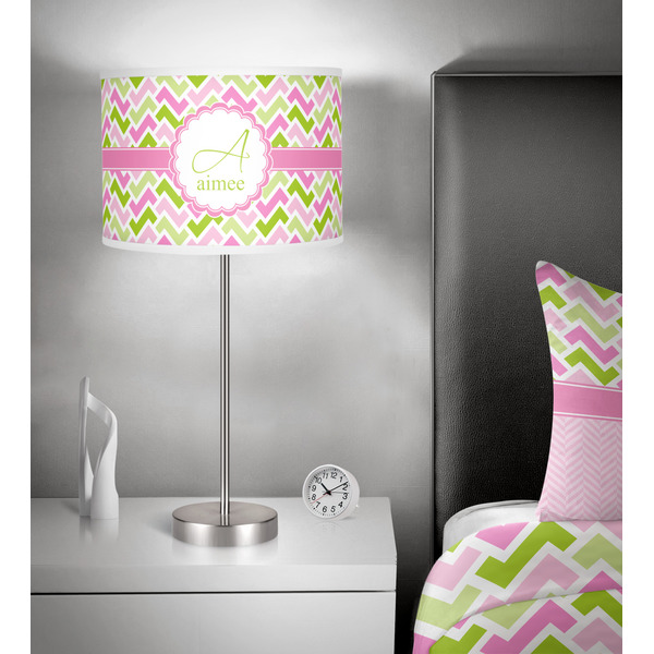 Pink & Green Geometric 13 inch drum lamp shade - in room