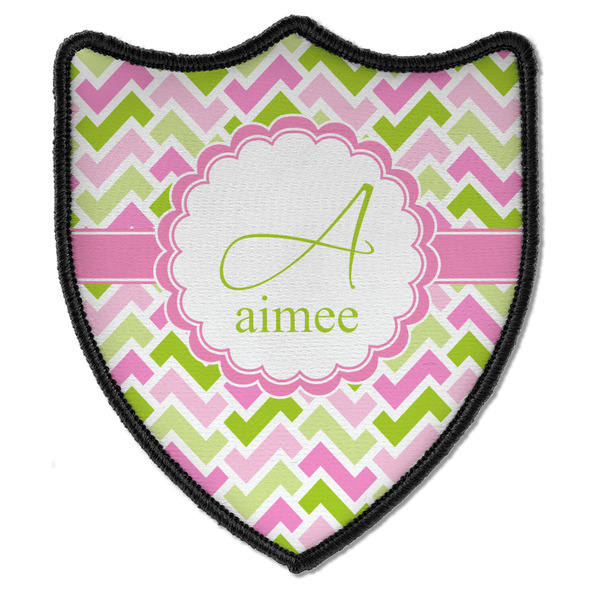 Custom Pink & Green Geometric Iron On Shield Patch B w/ Name and Initial