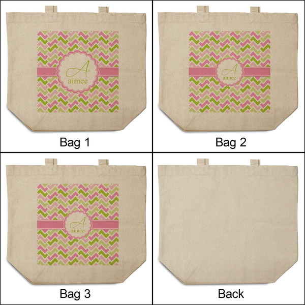 Pink & Green Geometric 3 Reusable Cotton Grocery Bags - Front & Back View