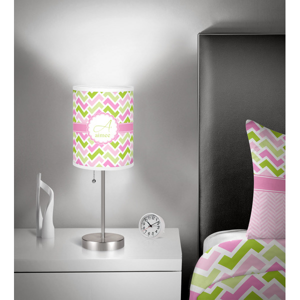Pink & Green Geometric 7 inch drum lamp shade - in room