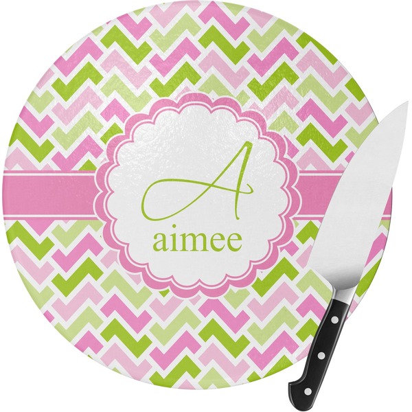 Custom Pink & Green Geometric Round Glass Cutting Board - Small (Personalized)