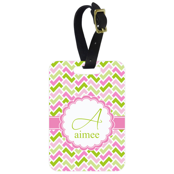 Custom Pink & Green Geometric Metal Luggage Tag w/ Name and Initial