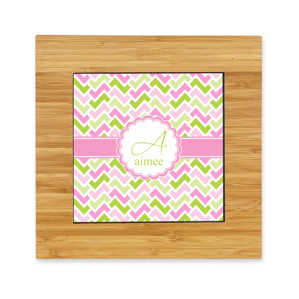 Custom Pink & Green Geometric Bamboo Trivet with Ceramic Tile Insert (Personalized)