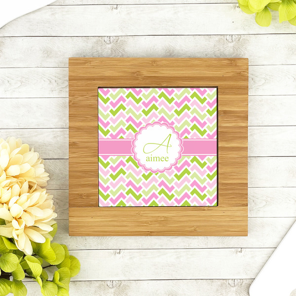 Pink & Green Geometric Bamboo Trivet with 6" Tile - LIFESTYLE