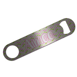 Pink & Green Geometric Bar Bottle Opener - Silver w/ Name and Initial