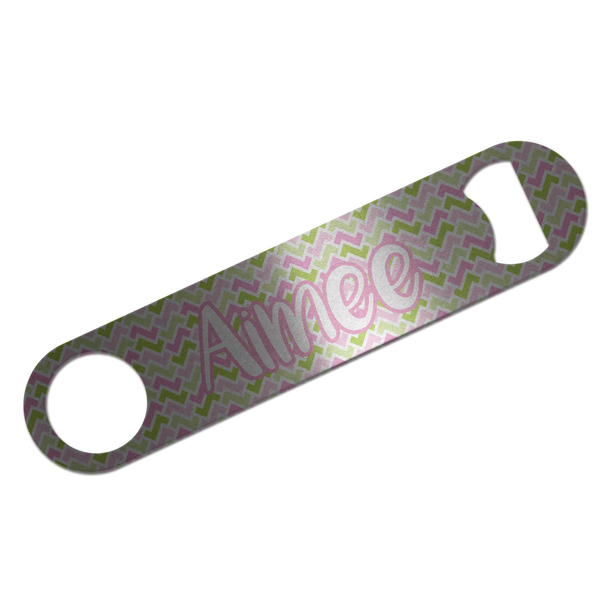 Custom Pink & Green Geometric Bar Bottle Opener - Silver w/ Name and Initial