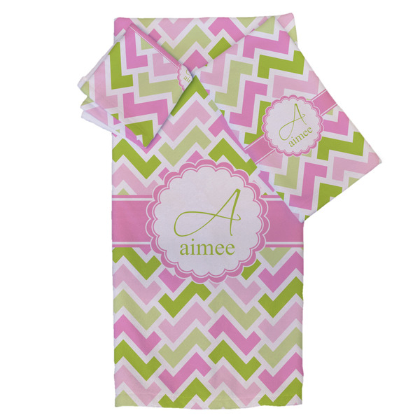 Custom Pink & Green Geometric Bath Towel Set - 3 Pcs (Personalized)