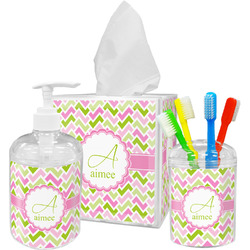 Pink & Green Geometric Acrylic Bathroom Accessories Set w/ Name and Initial