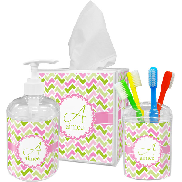 Pink & Green Geometric Bathroom Accessories Set (Personalized)